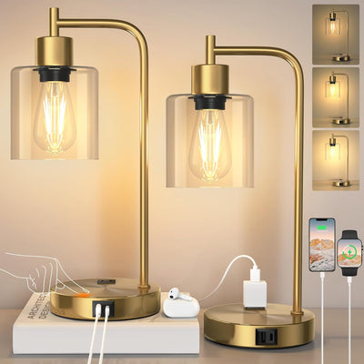 Set of 2 Industrial Touch Control Table Lamps with 2 USB Ports and 2 AC Outlets, 3-Way Dimmable Bedside Nightstand Reading Lamps with 2700K LED Bulbs, Glass Desk Lamp for Living Room,Bedroom